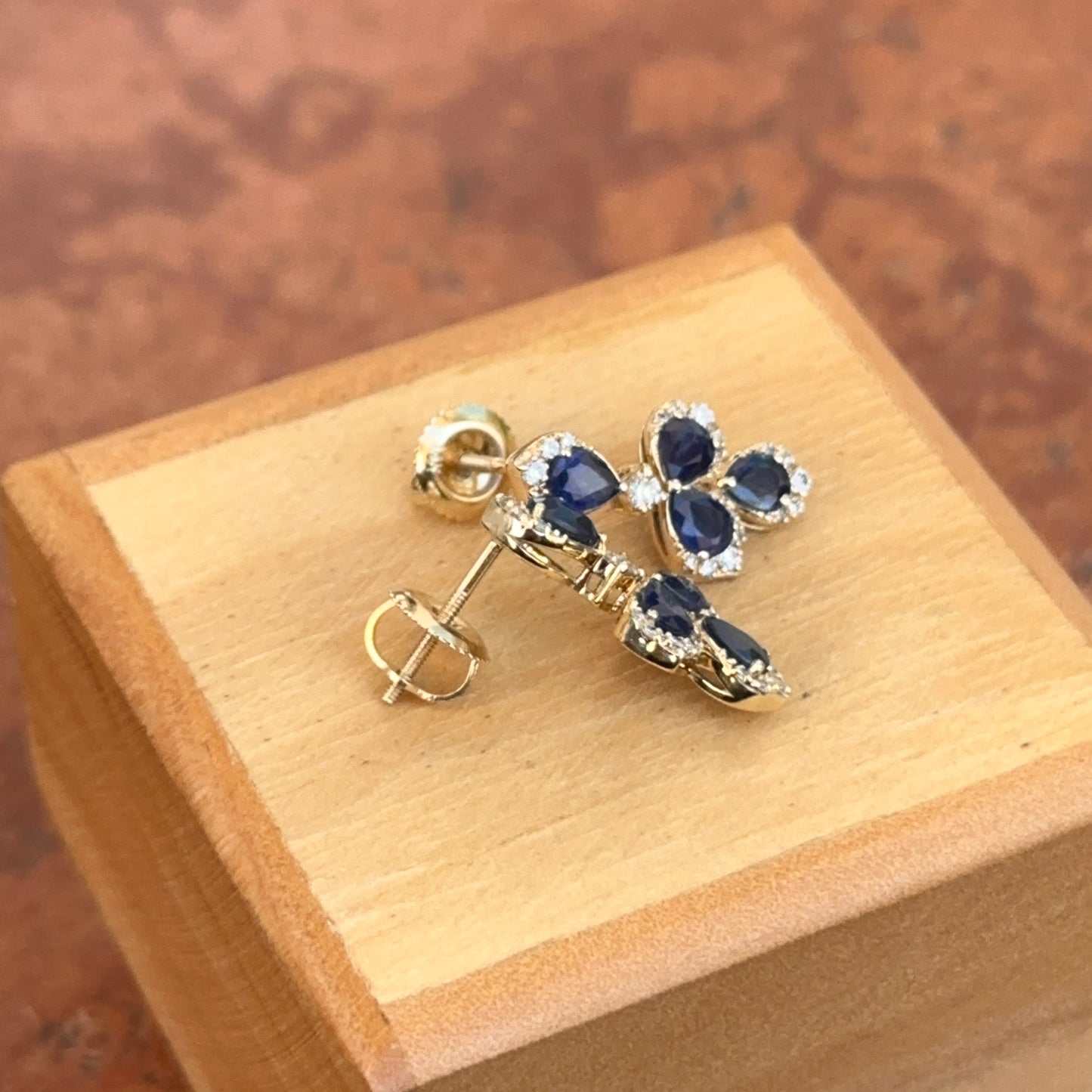 Estate 14KT Yellow Gold Pear Blue Sapphire + Diamond Earrings