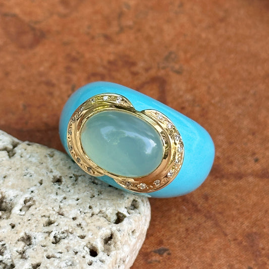 14KT Yellow Imitation Turquoise Oval Agate and Round Diamond Ring