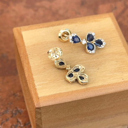 Estate 14KT Yellow Gold Pear Blue Sapphire + Diamond Earrings