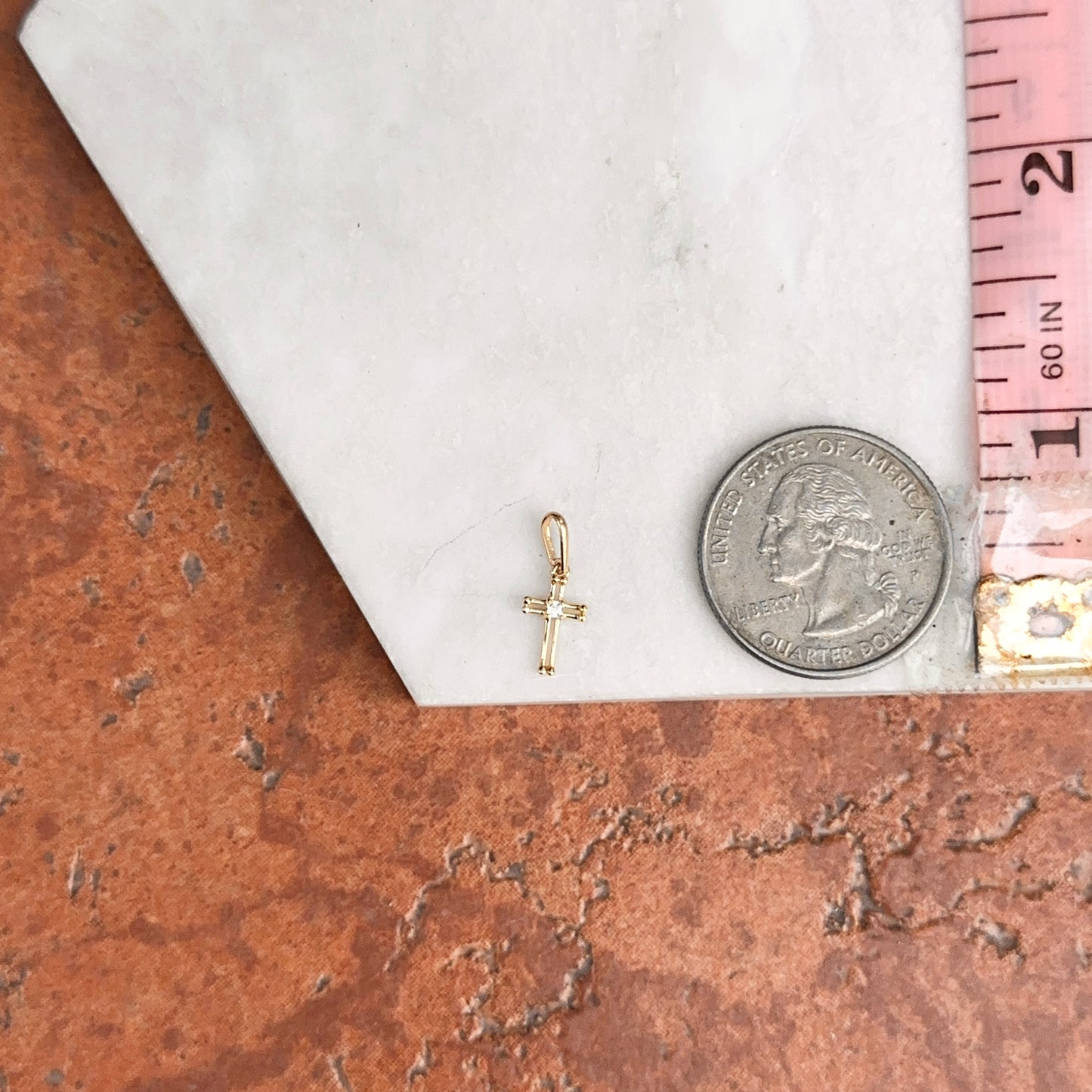 14KT Yellow Gold Mini CZ Stone Cross Pendant Charm