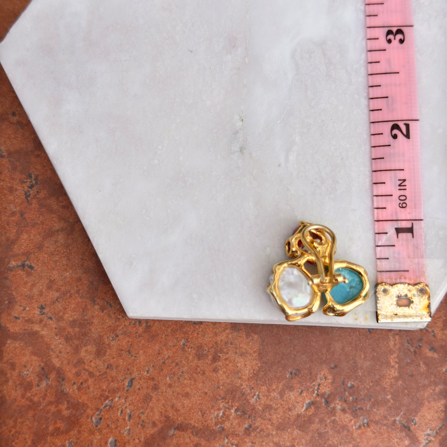 Sterling Silver Yellow-Plated Coral, Turquoise Freshwater Pearl Stud Earrings