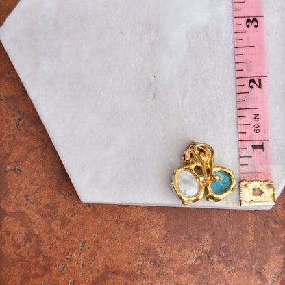 Sterling Silver Yellow-Plated Coral, Turquoise Freshwater Pearl Stud Earrings