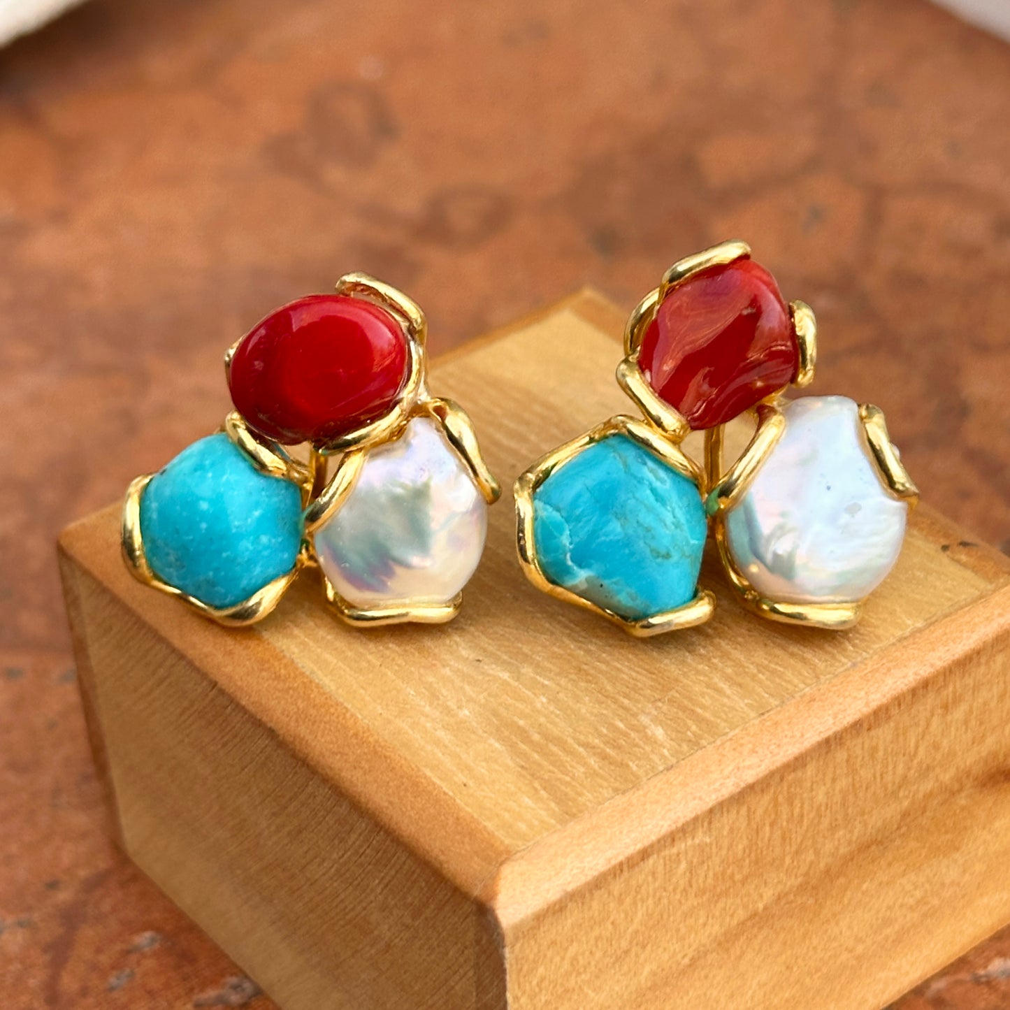 Sterling Silver Yellow-Plated Coral, Turquoise Freshwater Pearl Stud Earrings