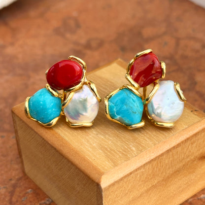 Sterling Silver Yellow-Plated Coral, Turquoise Freshwater Pearl Stud Earrings