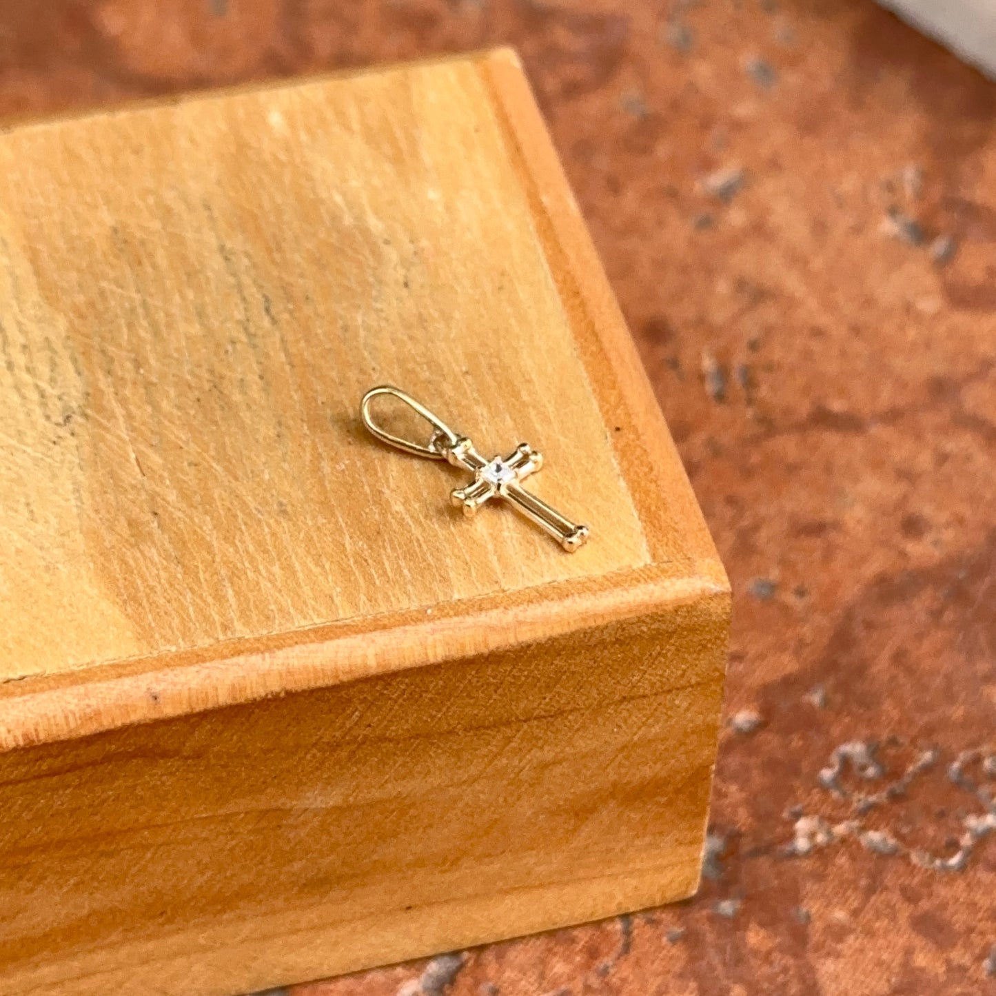 14KT Yellow Gold Mini CZ Stone Cross Pendant Charm