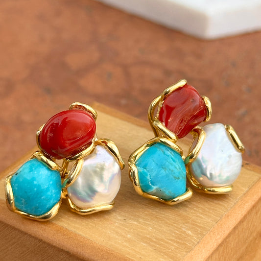 Sterling Silver Yellow-Plated Coral, Turquoise Freshwater Pearl Stud Earrings