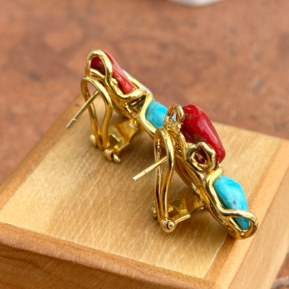 Sterling Silver Yellow-Plated Coral, Turquoise Freshwater Pearl Stud Earrings