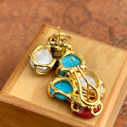 Sterling Silver Yellow-Plated Coral, Turquoise Freshwater Pearl Stud Earrings