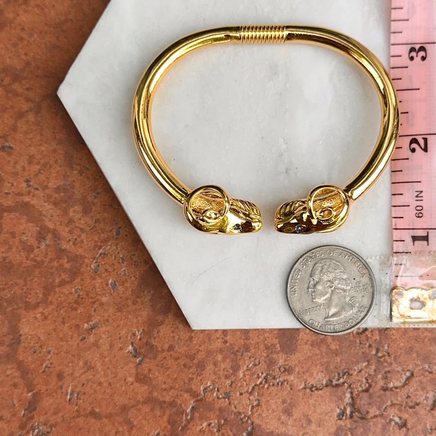 Estate Gold-Tone Double Ram + Blue Eye Cuff Bracelet - LSJ