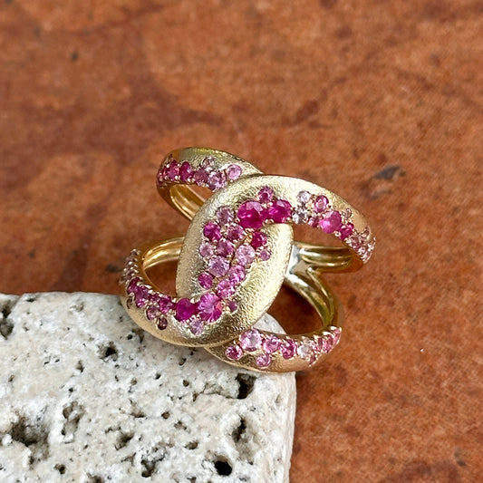 Estate 14KT Yellow Gold Round Pink Sapphire Woven Ring