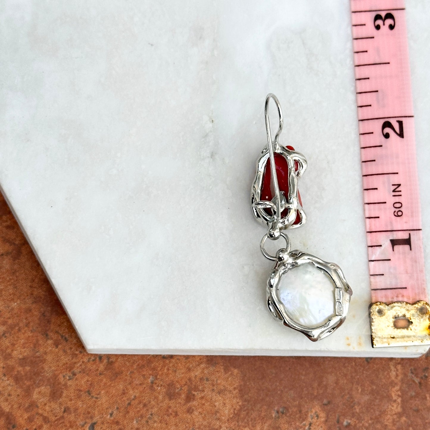 Sterling Silver White Pearl + Coral Dangle Earrings