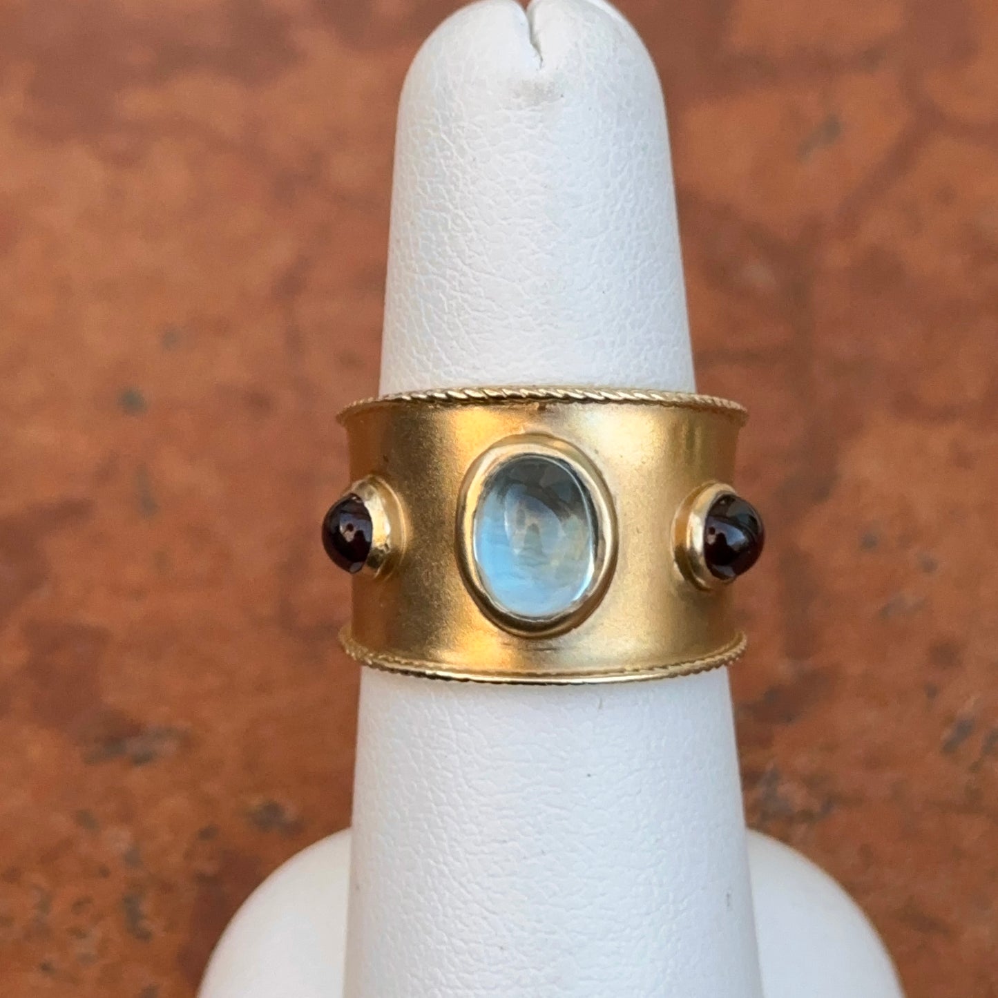 Estate 14KT Yellow Gold Byzantine Matte Aquamarine + Garnet Ring