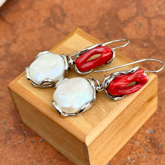 Sterling Silver White Pearl + Coral Dangle Earrings