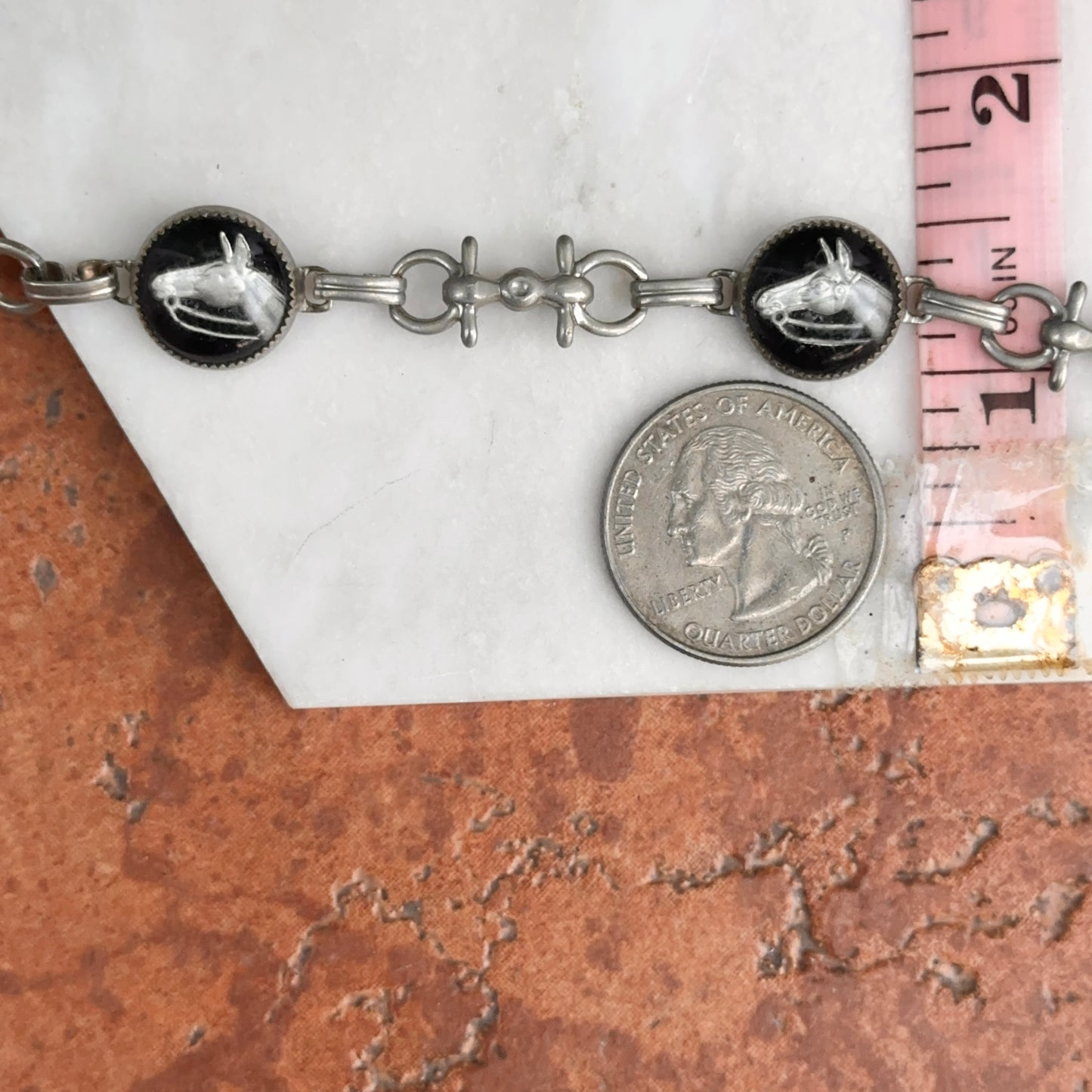 Estate Silver-Tone + Black Painted Glass Horse Link Bracelet