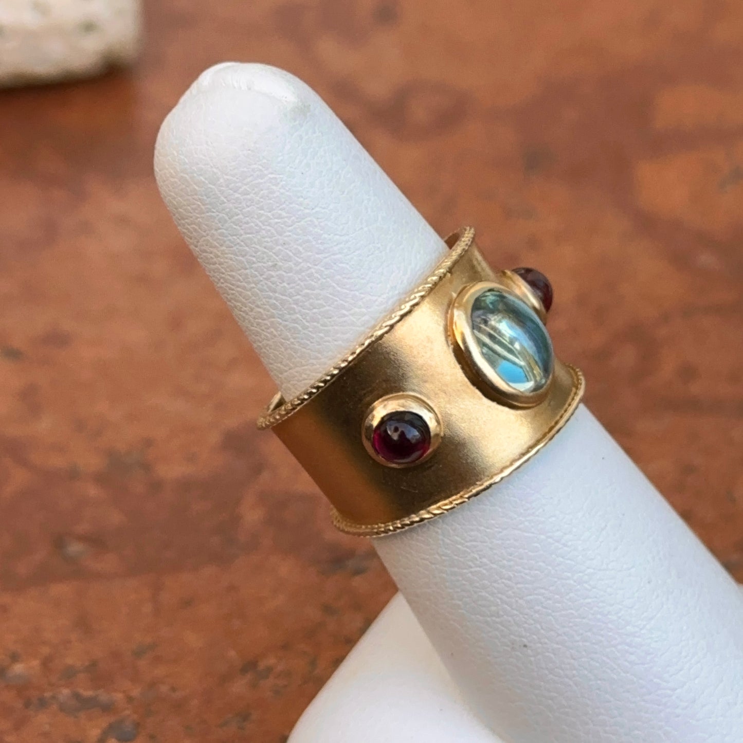 Estate 14KT Yellow Gold Byzantine Matte Aquamarine + Garnet Ring