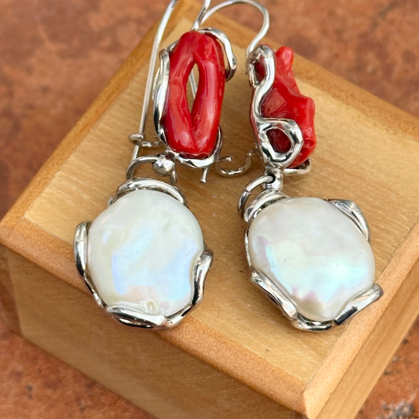 Sterling Silver White Pearl + Coral Dangle Earrings