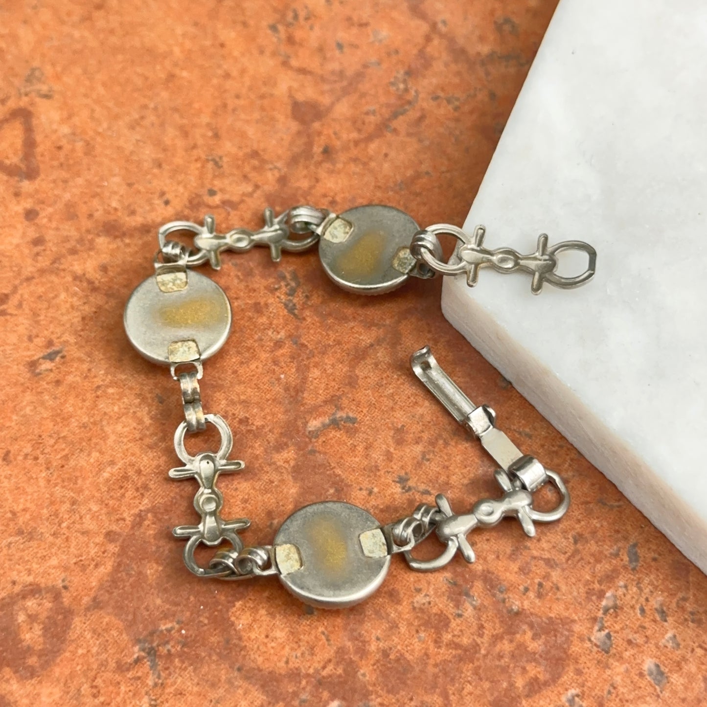 Estate Silver-Tone + Black Painted Glass Horse Link Bracelet