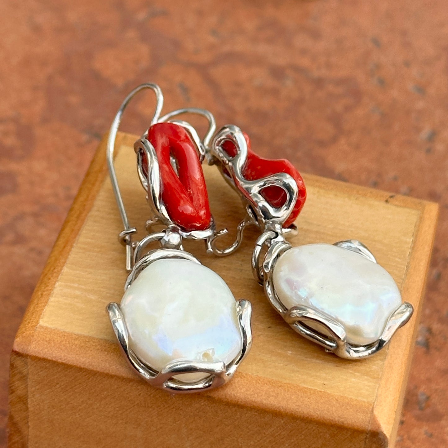 Sterling Silver White Pearl + Coral Dangle Earrings