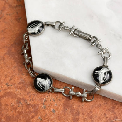 Estate Silver-Tone + Black Painted Glass Horse Link Bracelet