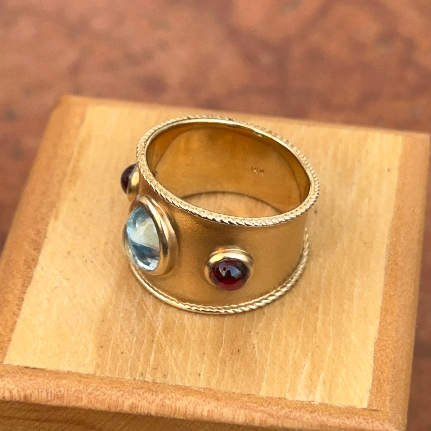 Estate 14KT Yellow Gold Byzantine Matte Aquamarine + Garnet Ring