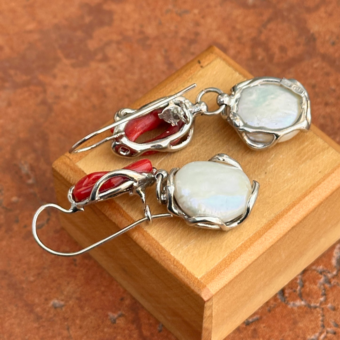 Sterling Silver White Pearl + Coral Dangle Earrings