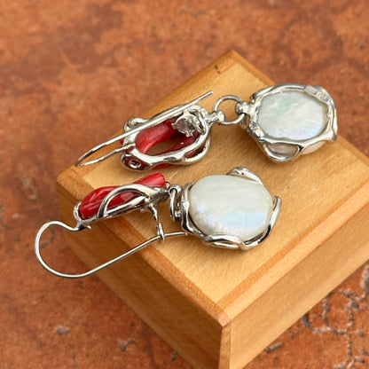 Sterling Silver White Pearl + Coral Dangle Earrings