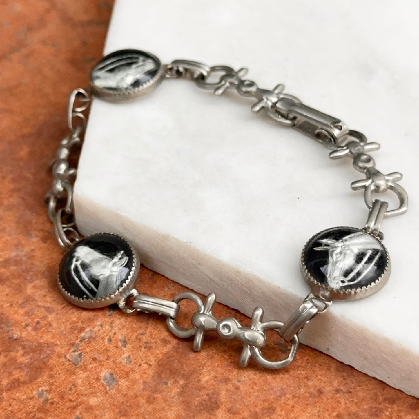 Estate Silver-Tone + Black Painted Glass Horse Link Bracelet