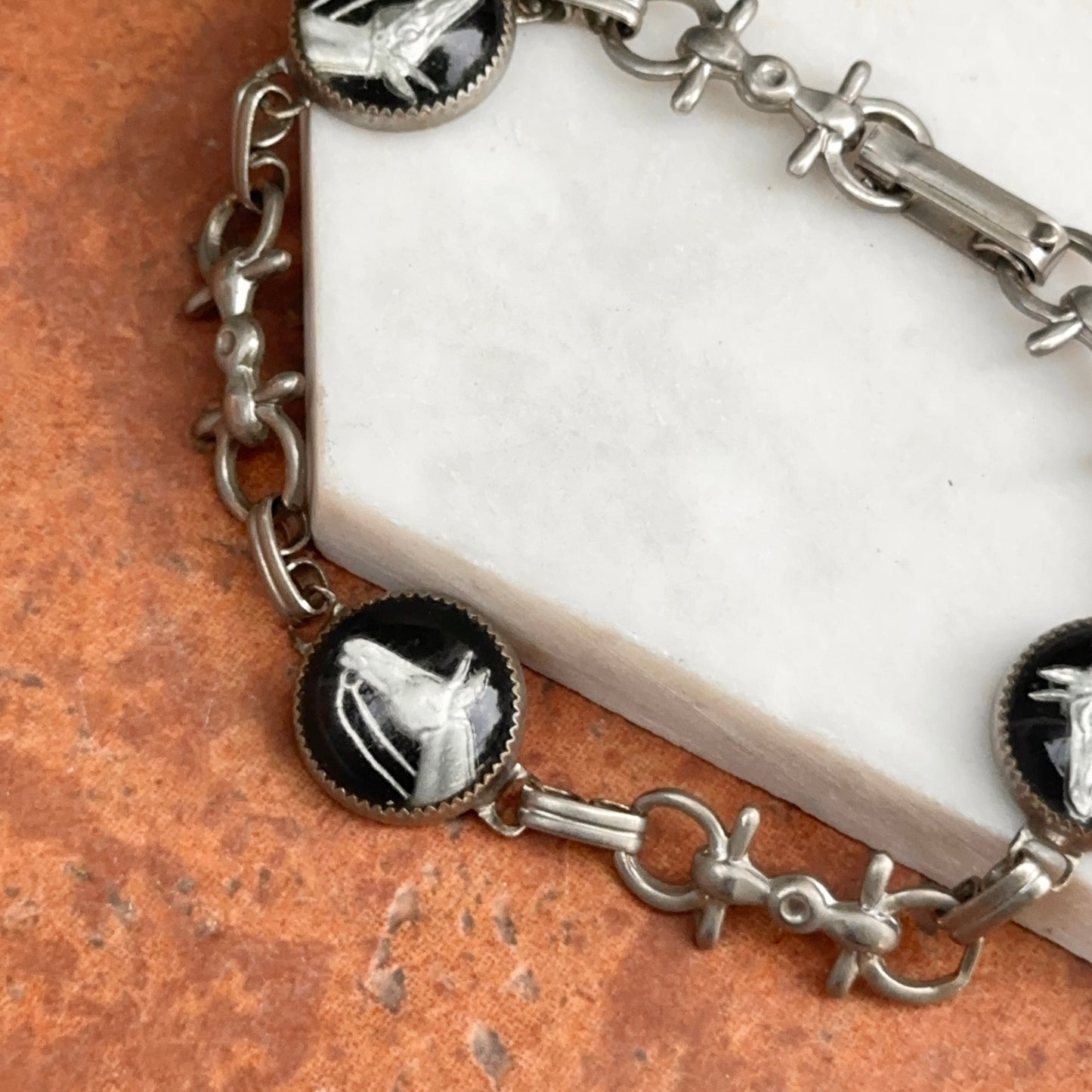 Estate Silver-Tone + Black Painted Glass Horse Link Bracelet