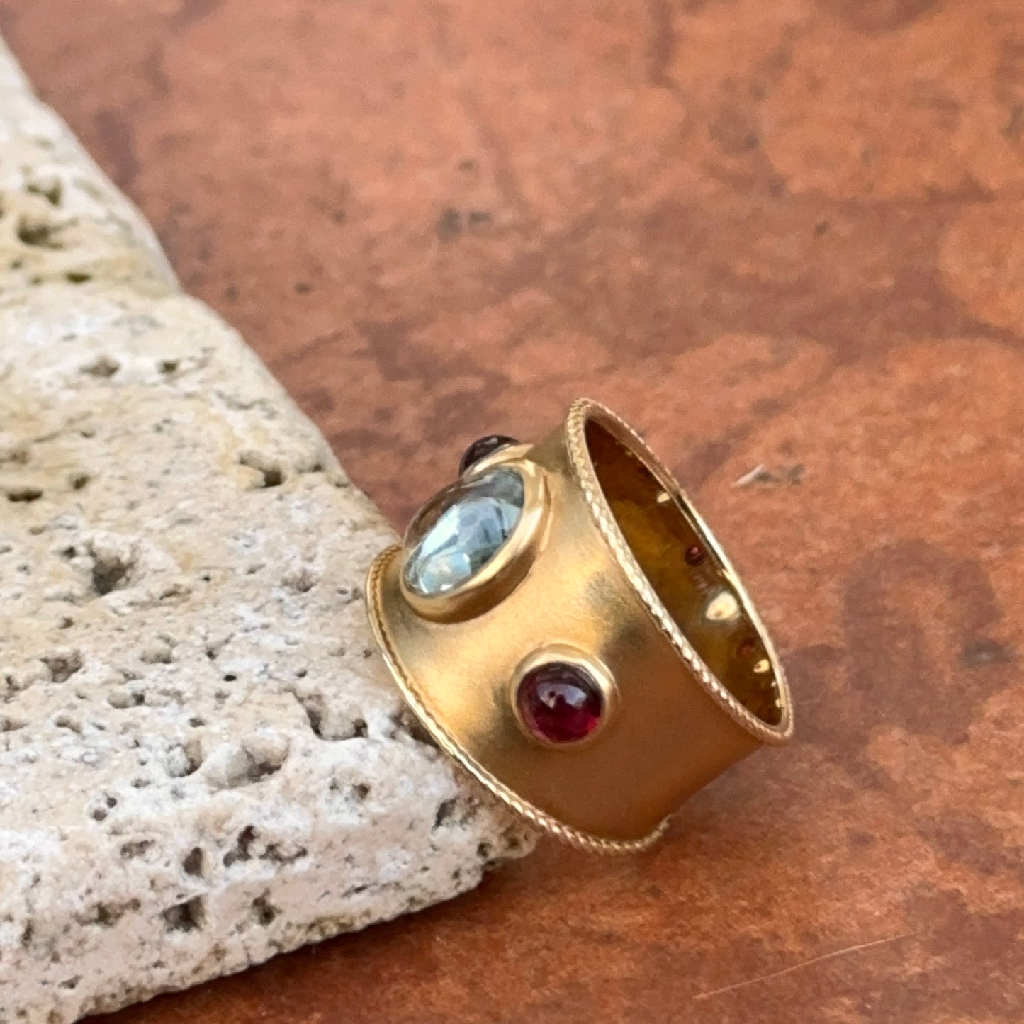 Estate 14KT Yellow Gold Byzantine Matte Aquamarine + Garnet Ring