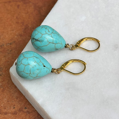 Yellow Gold-Plated Teardrop Turquoise Lever Back Dangle Earrings