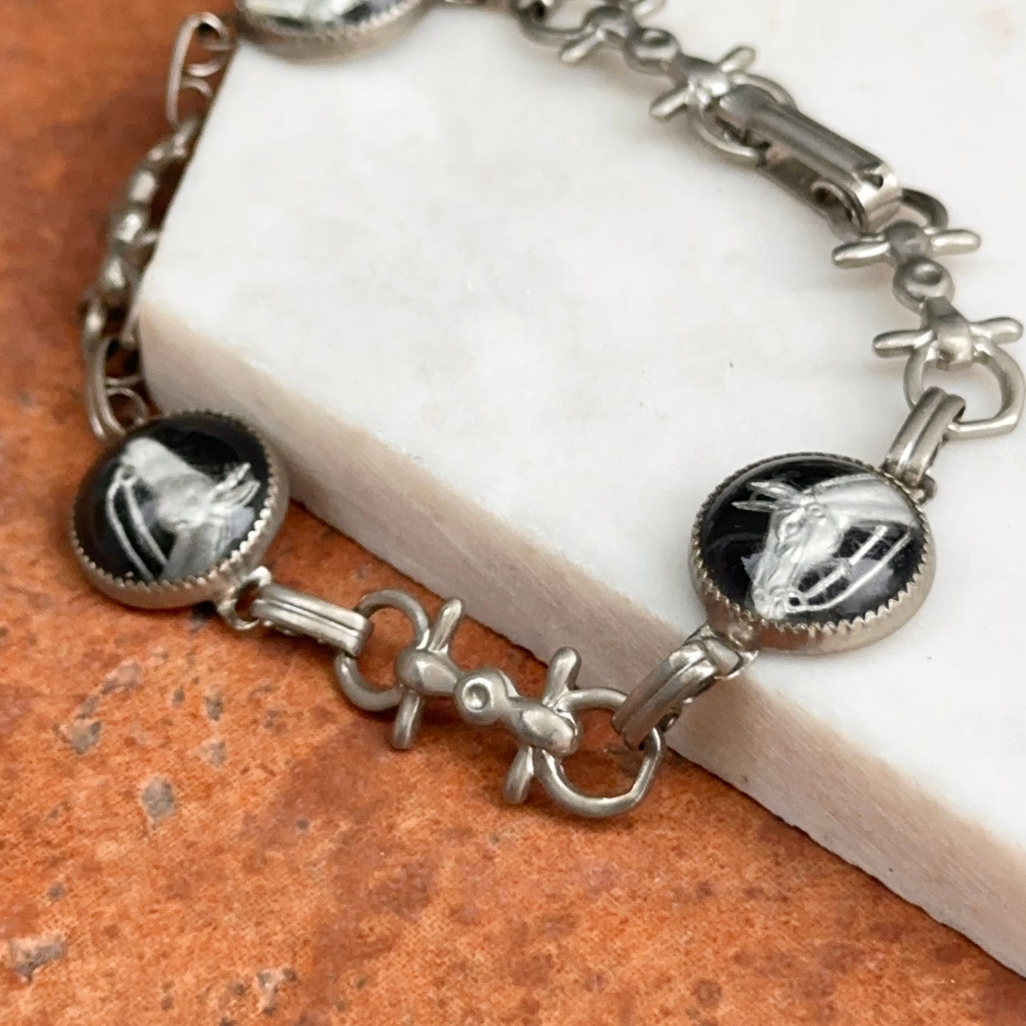 Estate Silver-Tone + Black Painted Glass Horse Link Bracelet