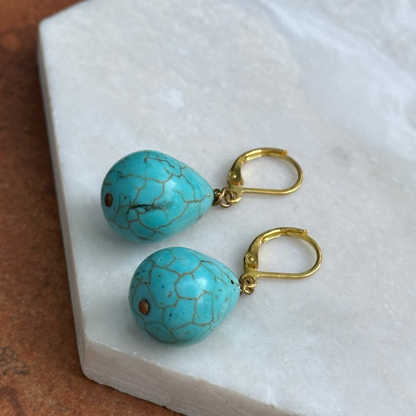 Yellow Gold-Plated Teardrop Turquoise Lever Back Dangle Earrings