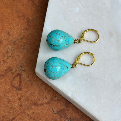 Yellow Gold-Plated Teardrop Turquoise Lever Back Dangle Earrings