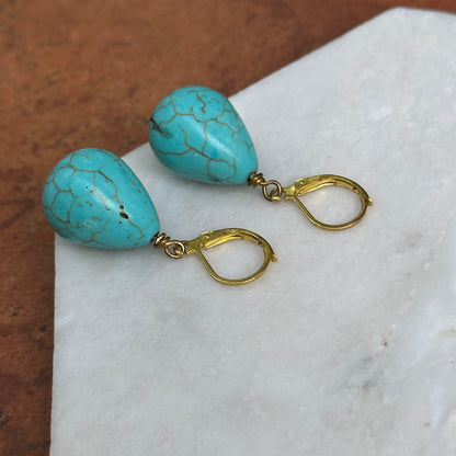 Yellow Gold-Plated Teardrop Turquoise Lever Back Dangle Earrings
