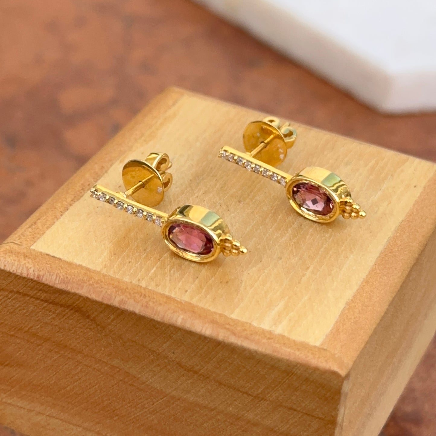 Estate 14KT Yellow Gold Bezel Pink Tourmaline + Diamond Earrings