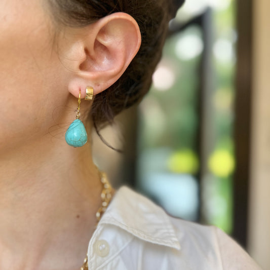 Yellow Gold-Plated Teardrop Turquoise Lever Back Dangle Earrings - LSJ