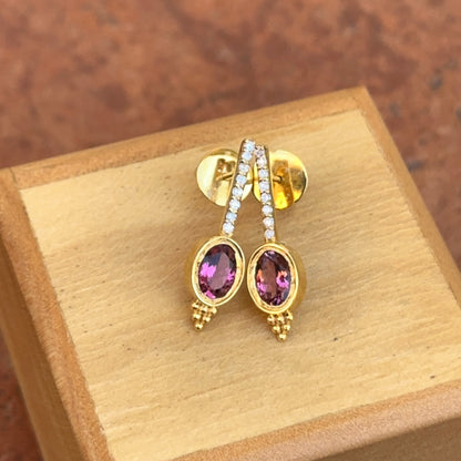 Estate 14KT Yellow Gold Bezel Pink Tourmaline + Diamond Earrings