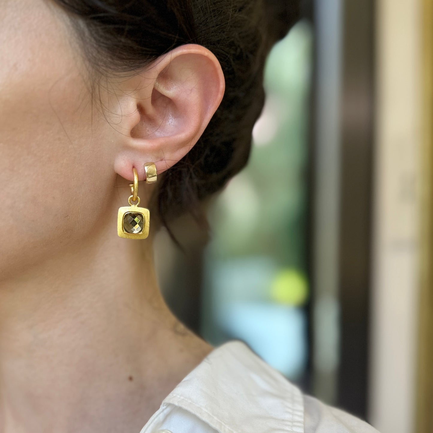 Yellow Gold Tone Hoops + Checkerboard Brown Stone Dangle Earrings