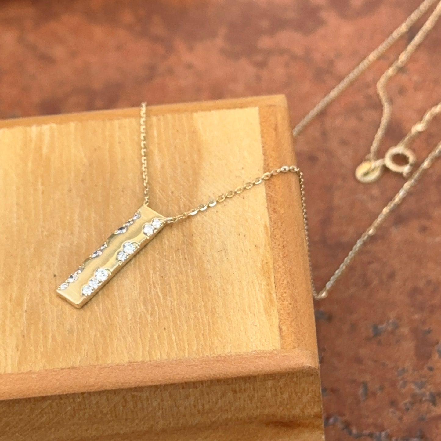 Estate 14KT Yellow Gold Matte Diamond Rectangle Pendant Necklace