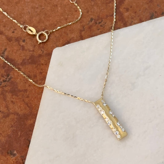 Estate 14KT Yellow Gold Matte Diamond Rectangle Pendant Necklace