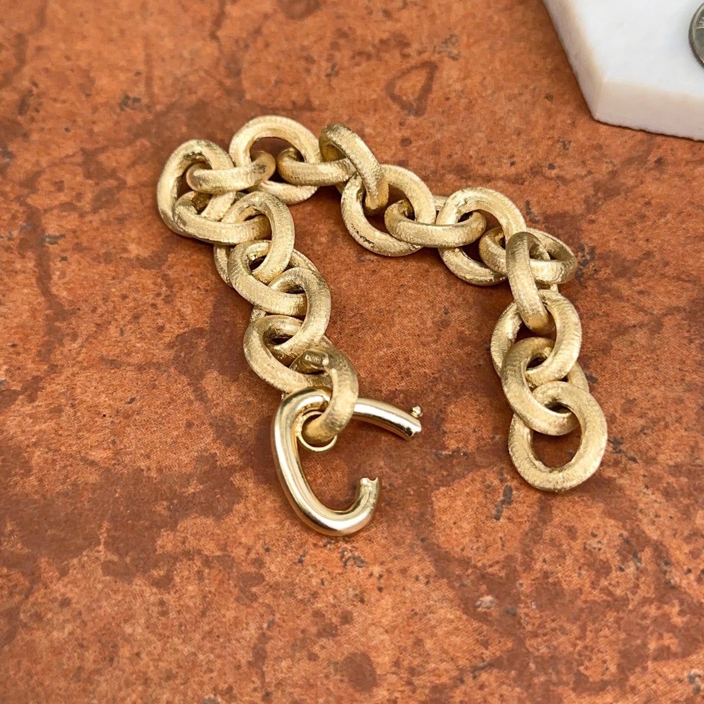 Estate 14KT Yellow Gold Matte Finish 12mm Rolo Chain Bracelet