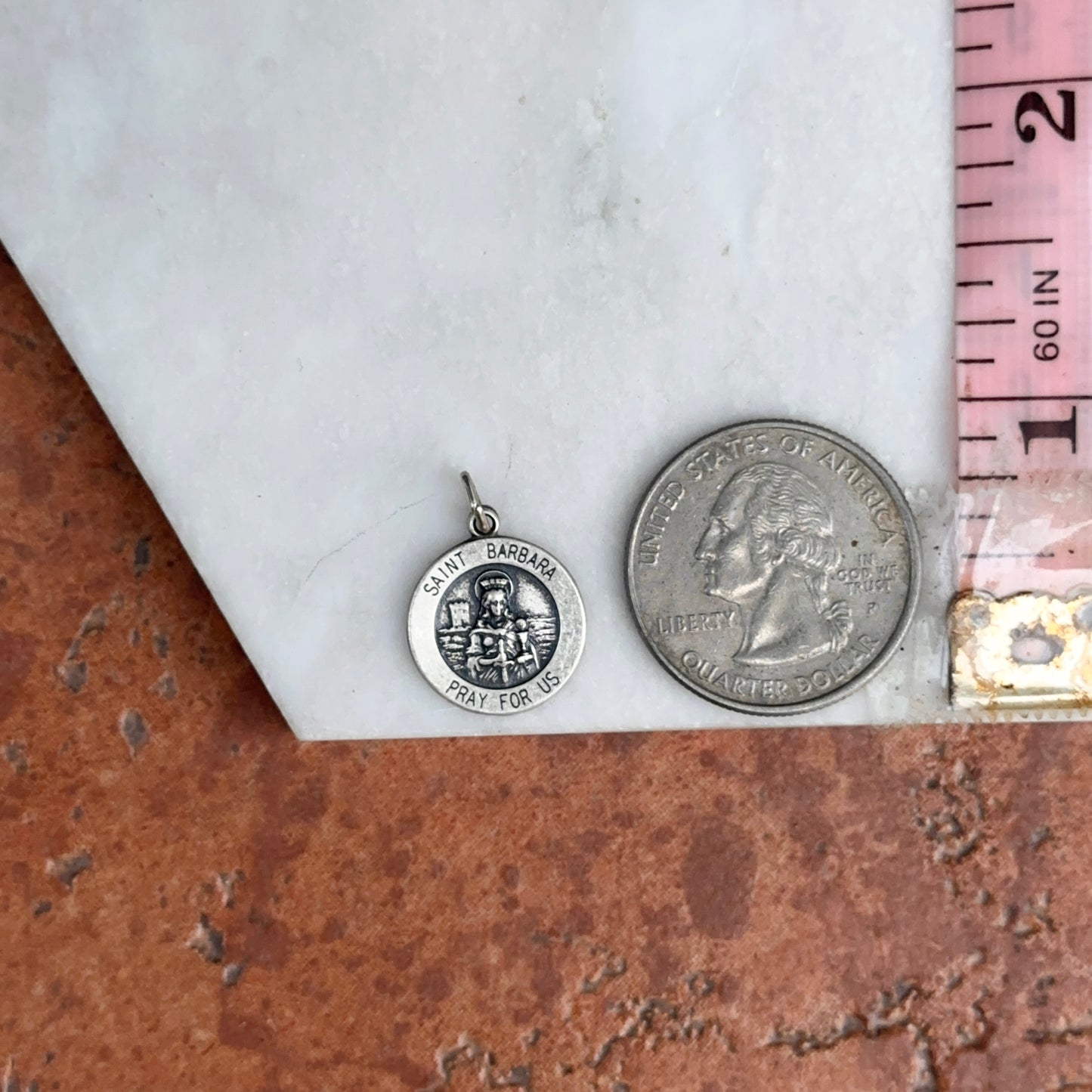 Sterling Silver St Barbara Round Medal Pendant 15mm
