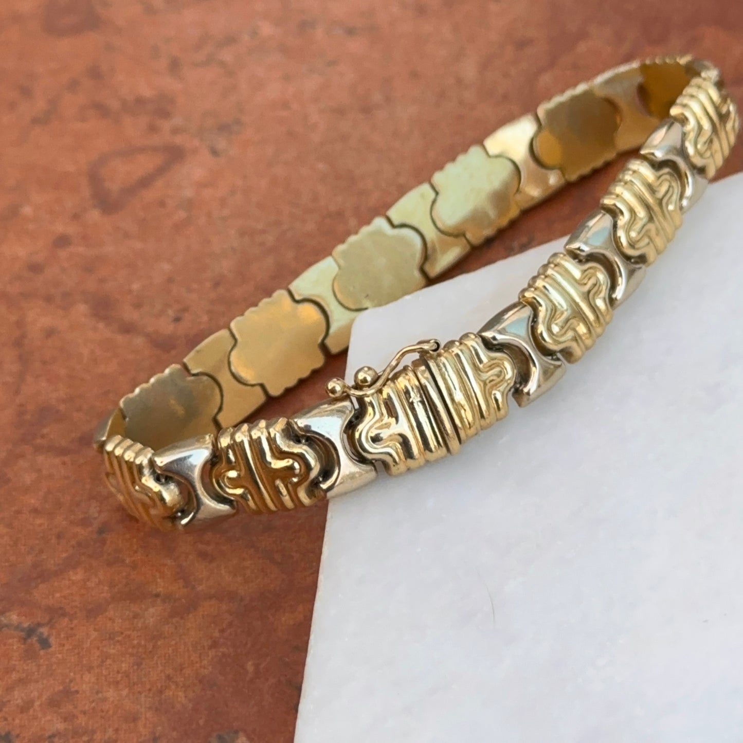 Estate 14KT White Gold + Yellow Gold Stampato Style Link Bracelet