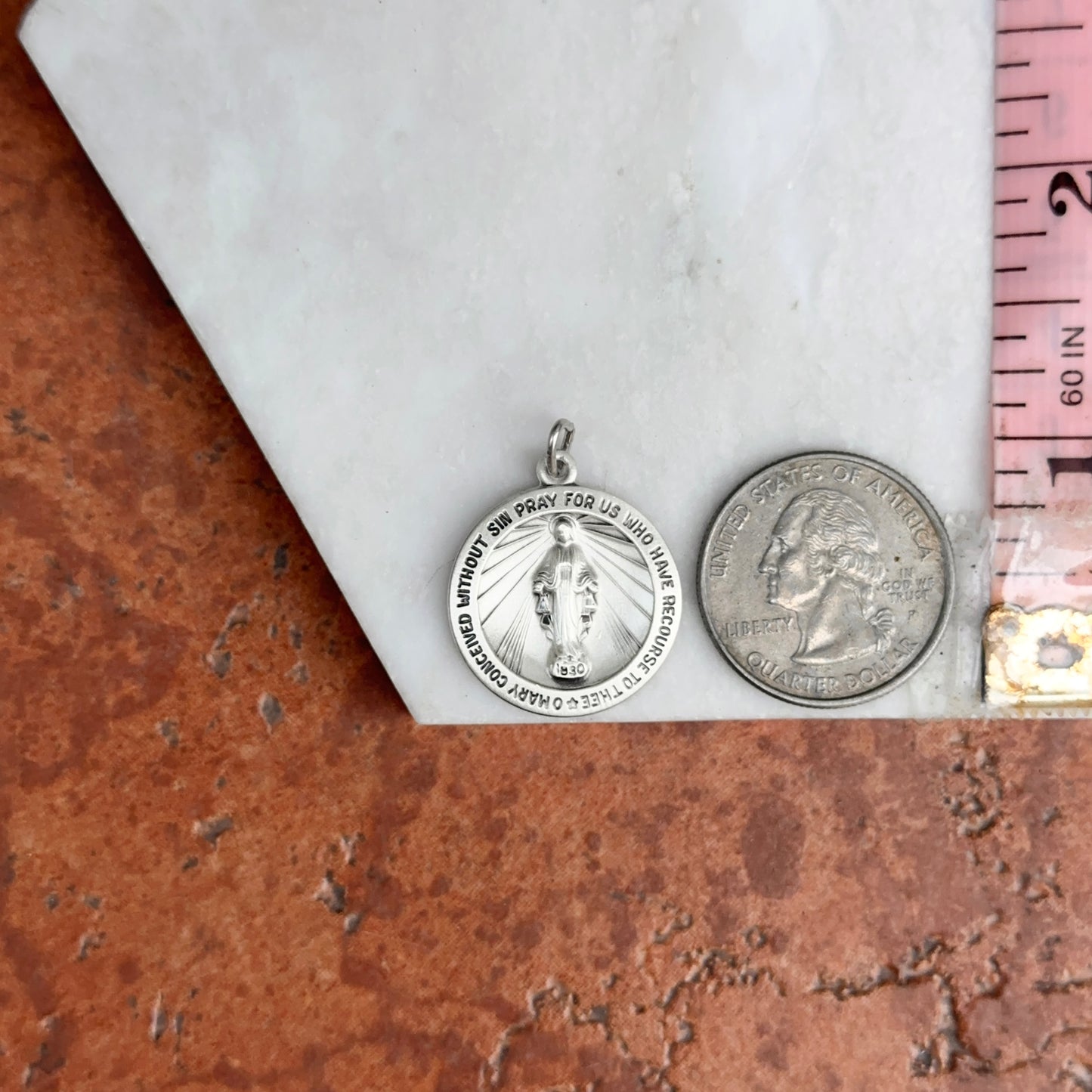 Sterling Silver Matte Miraculous Medal Round Pendant 22mm