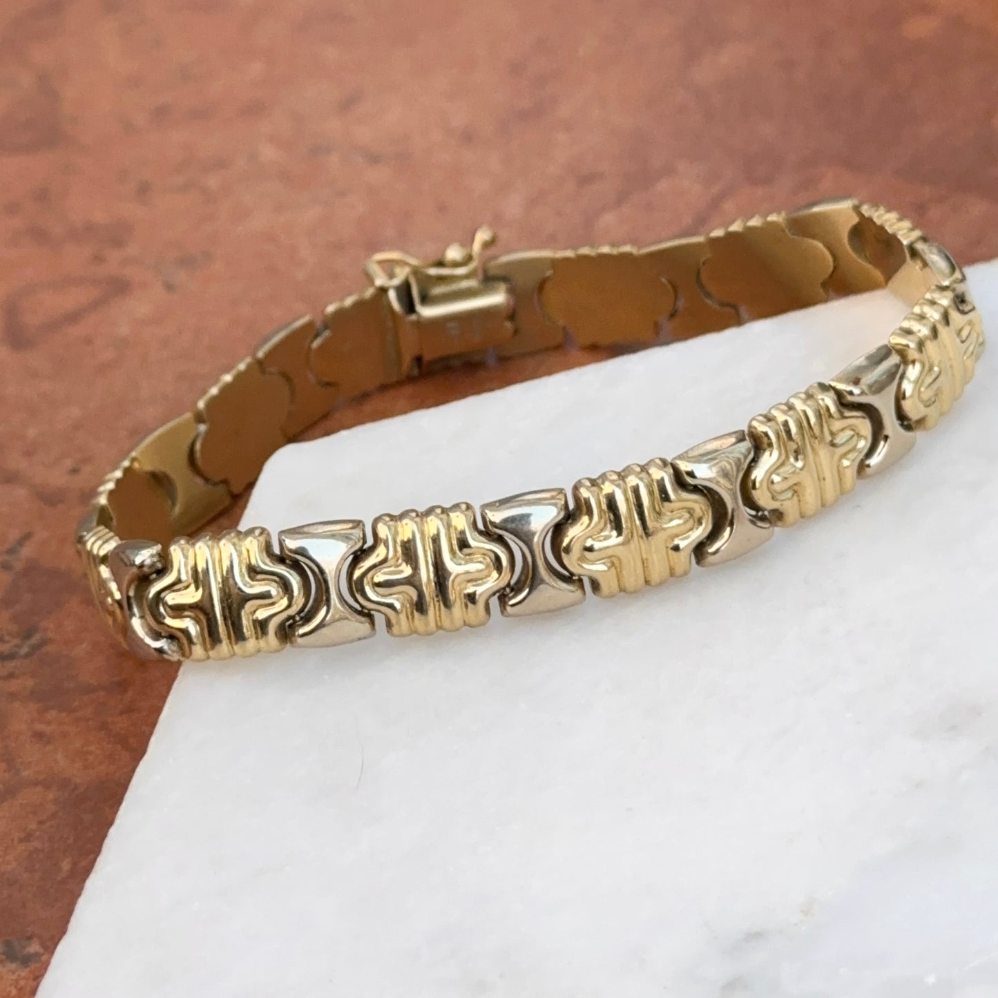 Estate 14KT White Gold + Yellow Gold Stampato Style Link Bracelet