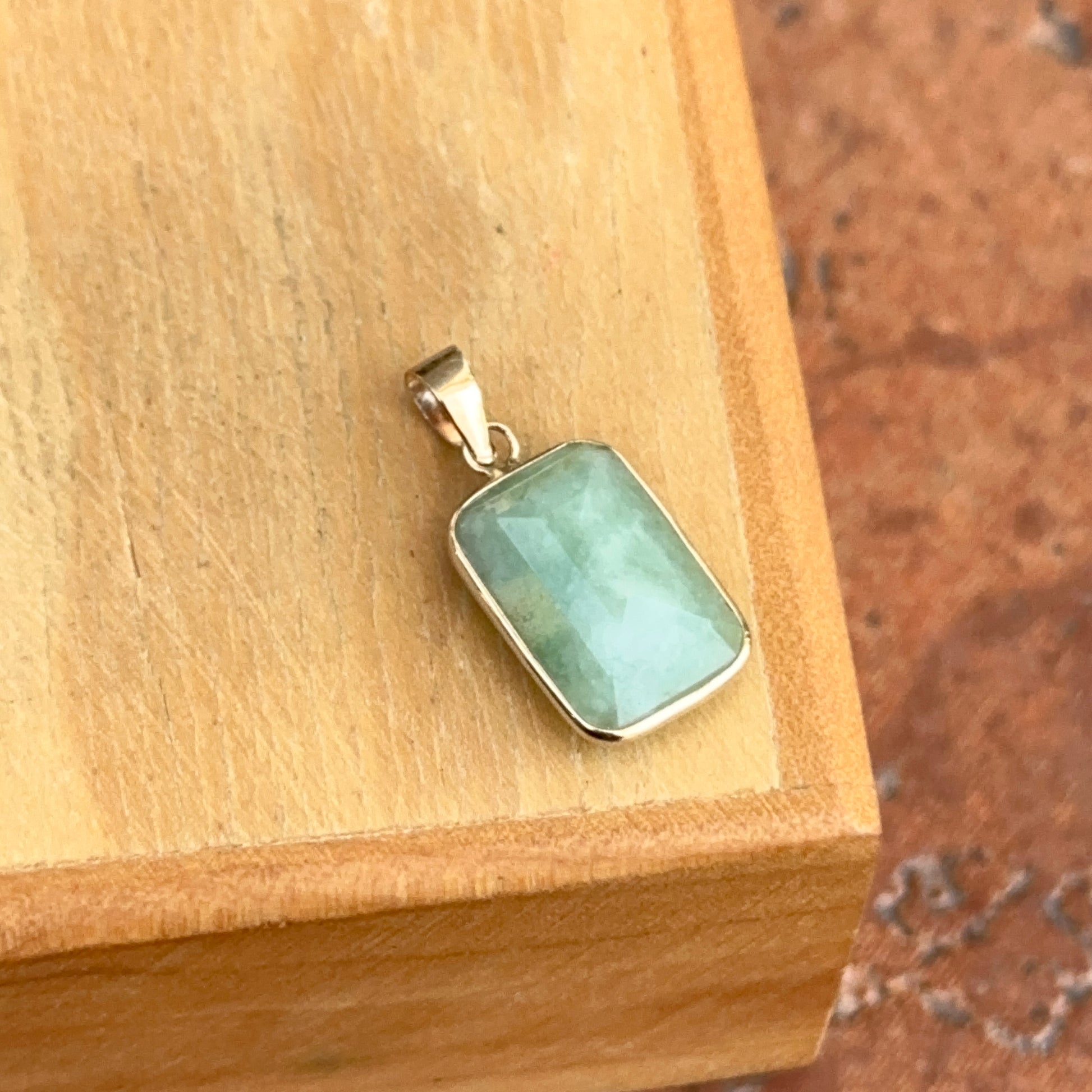 14KT Yellow Gold Celadon Jade Bezel Rectangle Pendant Charm - LSJ