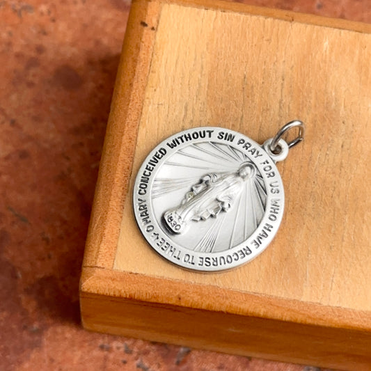 Sterling Silver Matte Miraculous Medal Round Pendant 22mm