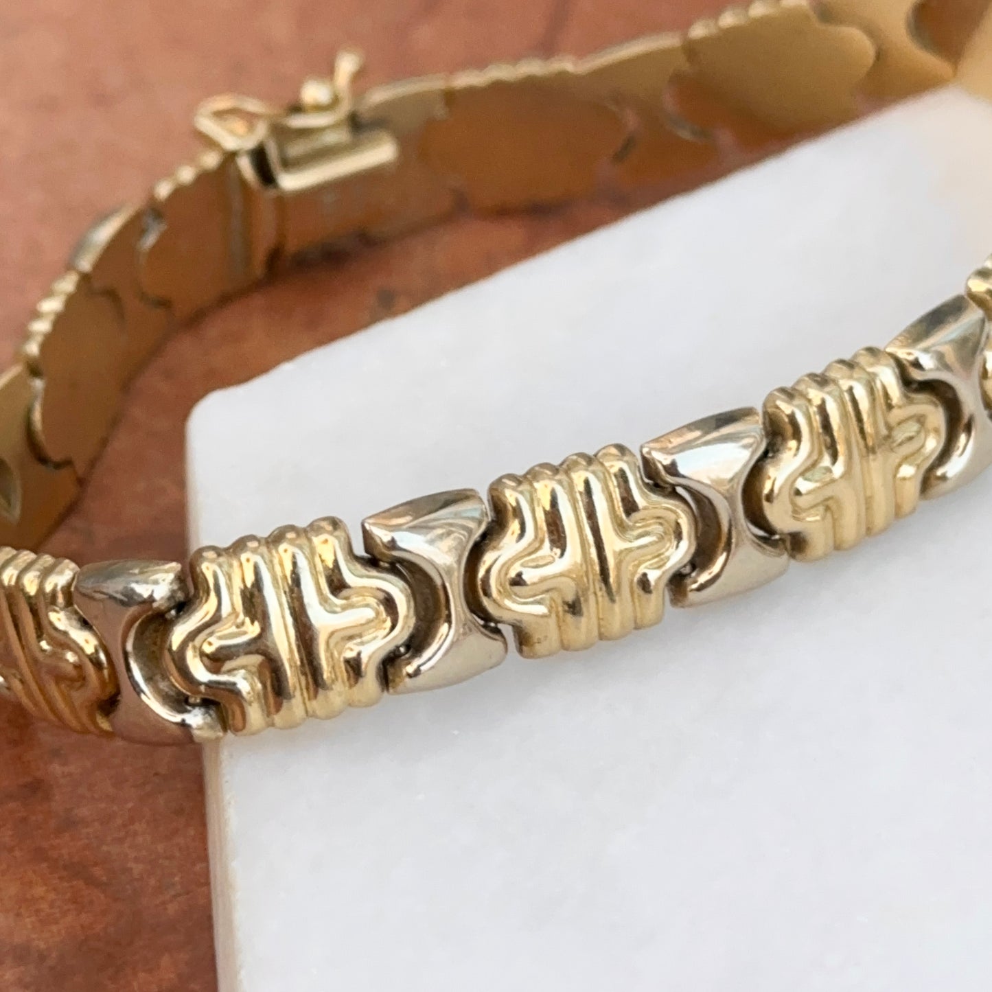 Estate 14KT White Gold + Yellow Gold Stampato Style Link Bracelet