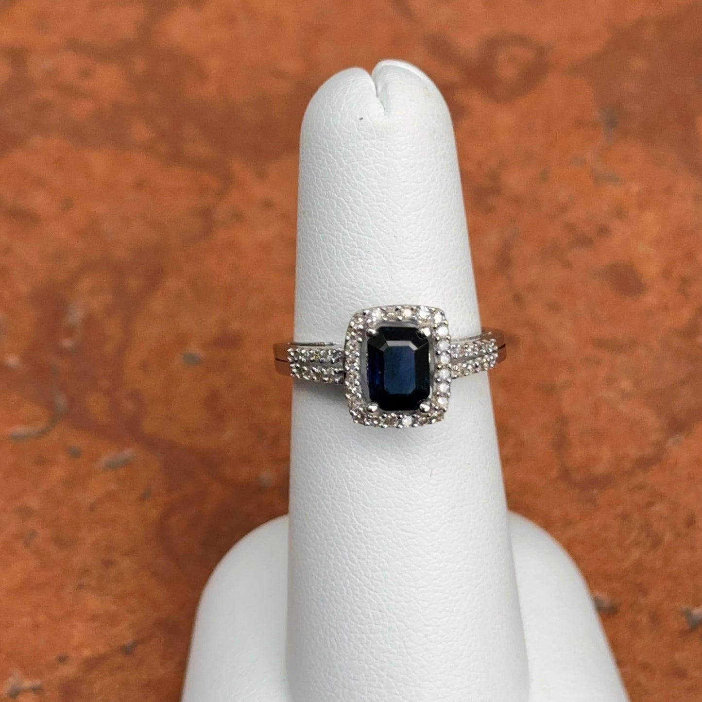 Estate 14KT White Gold Emerald-Cut Blue Sapphire + Diamond Square Halo Ring