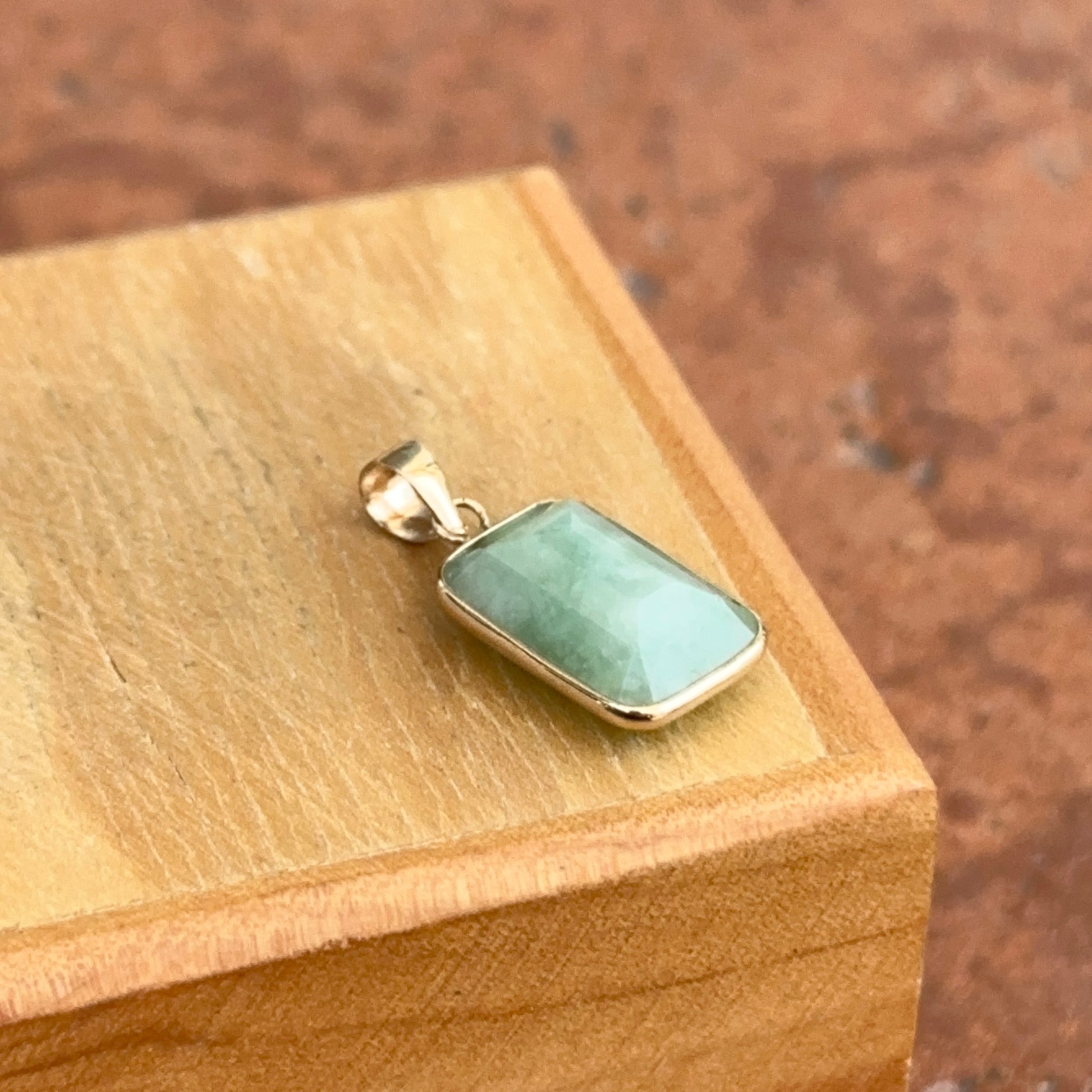 14KT Yellow Gold Celadon Jade Bezel Rectangle Pendant Charm - LSJ